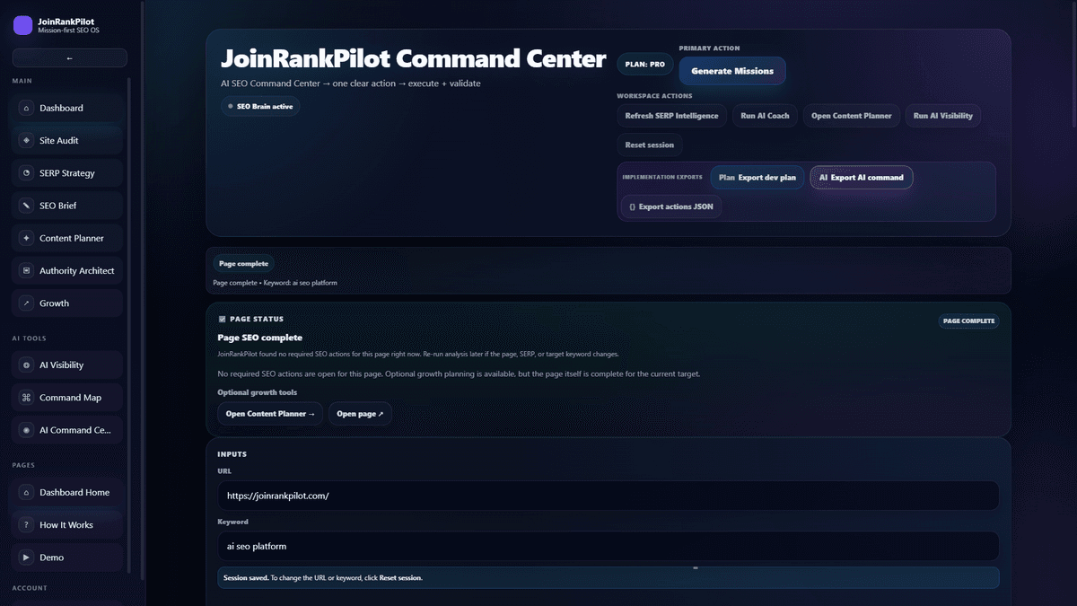 JoinRankPilot SEO dashboard showing AI mission engine and ranking improvements