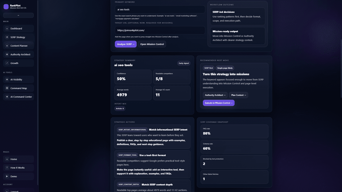 JoinRankPilot SERP analysis showing competitor ranking insights and SEO opportunities