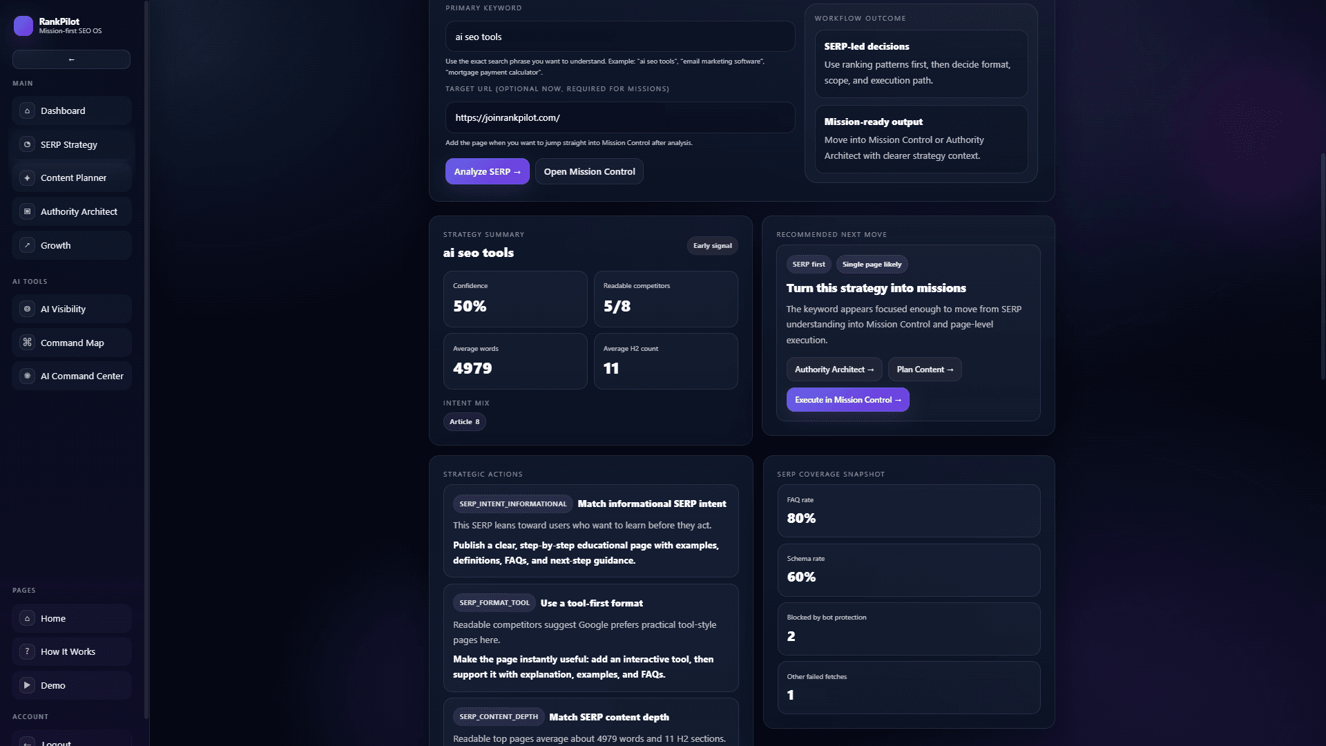 RankPilot SERP analysis showing competitor ranking insights and SEO opportunities