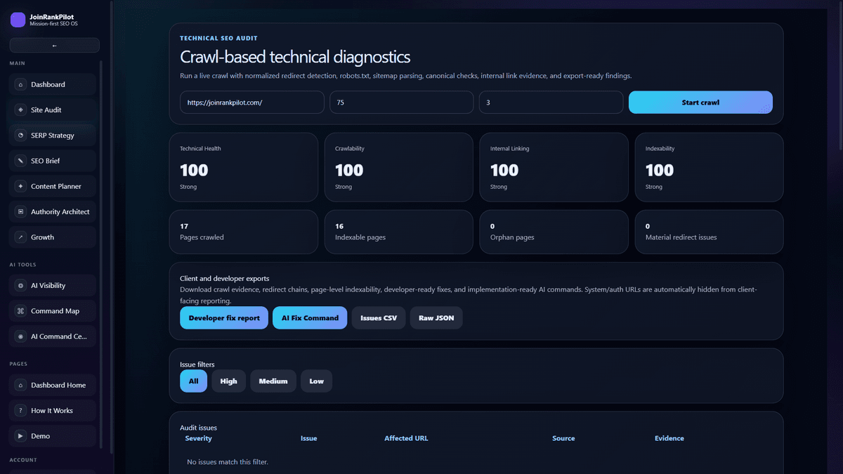 JoinRankPilot Site Audit Engine dashboard showing crawl health, technical SEO issues, internal link evidence, and export options
