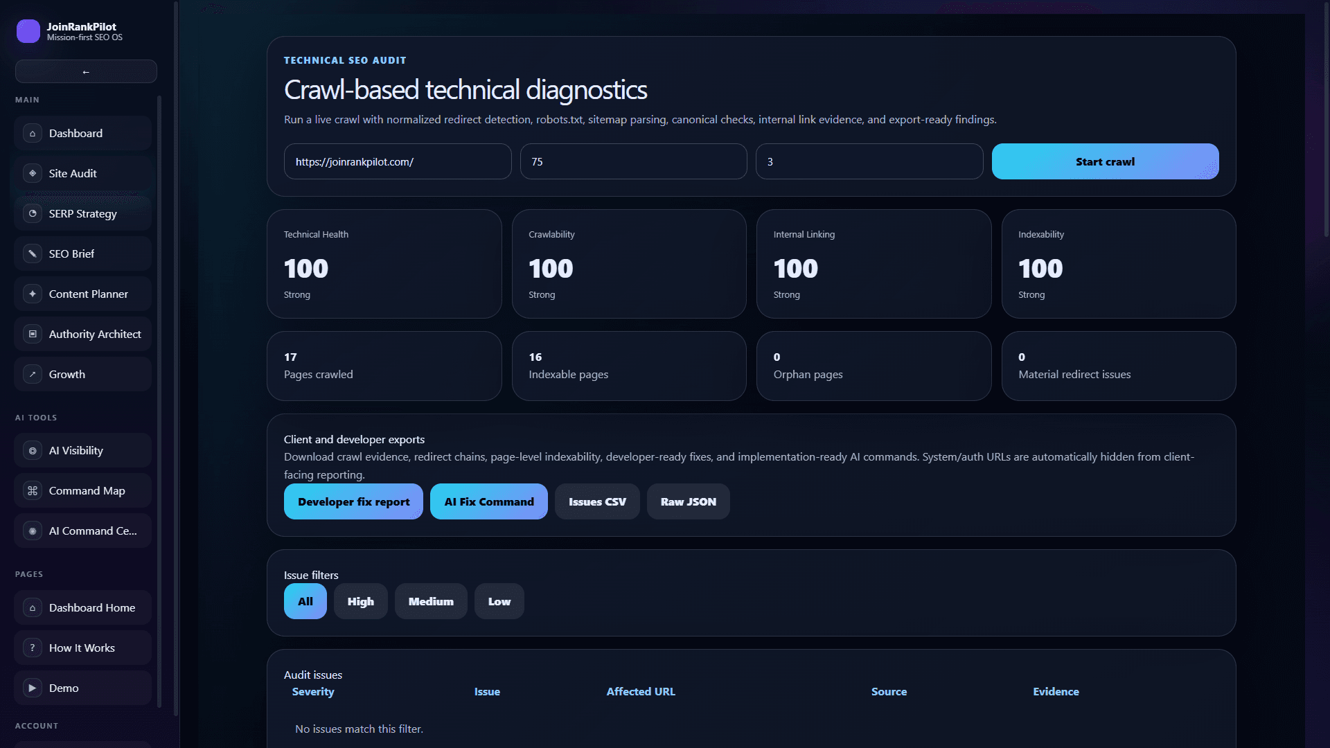 JoinRankPilot Site Audit Engine dashboard showing crawl health, technical SEO issues, internal link evidence, and export options